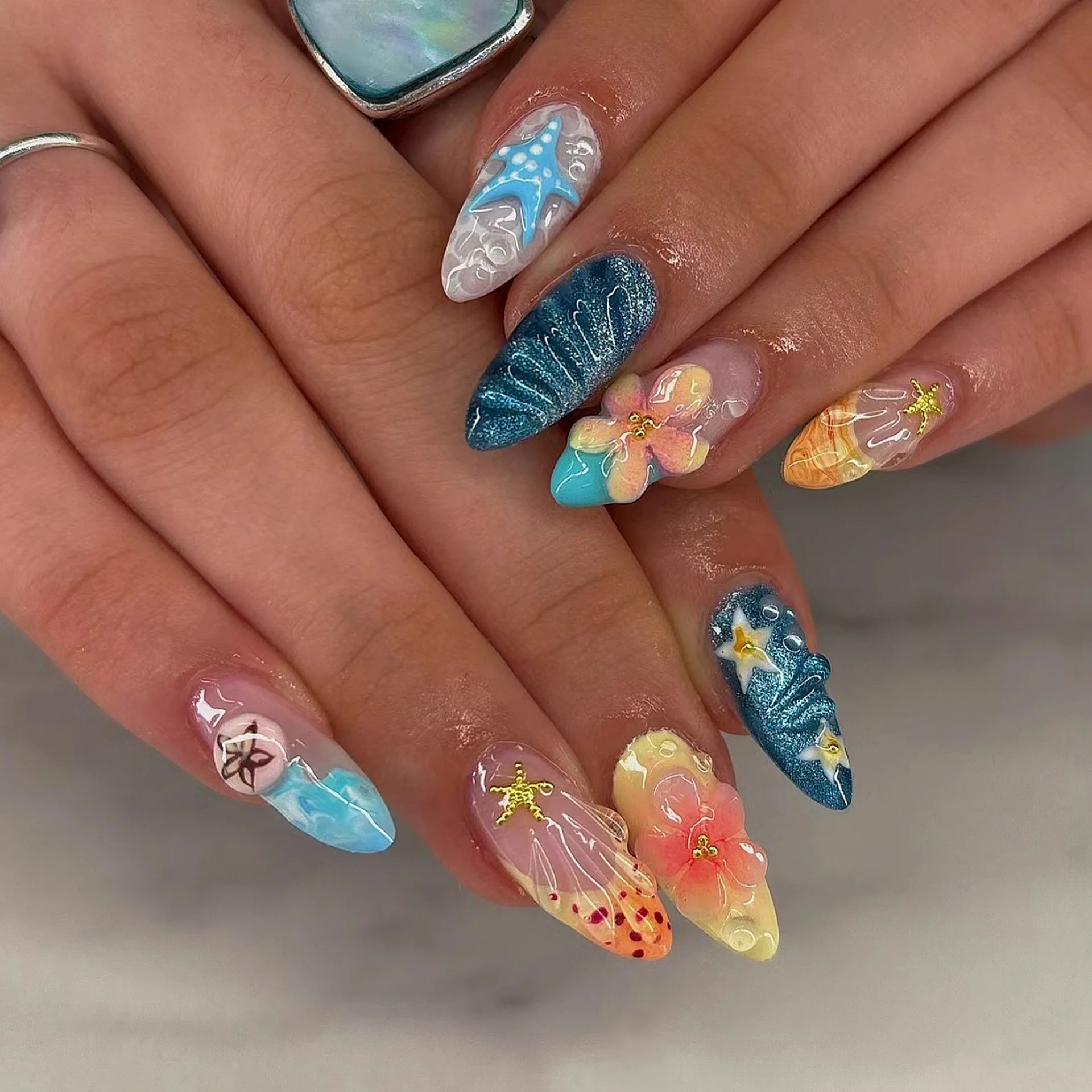 24PCS Pink Almond Press on Nails Full Cover Carved Flower 3D Ripples French Fake Nails for Women with Golden Pearl Wearable Nail