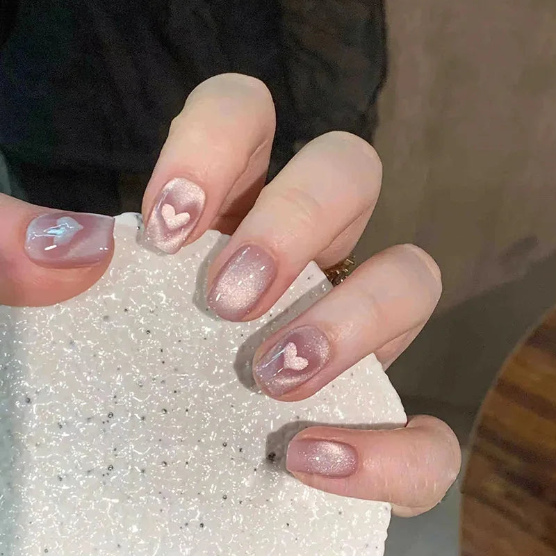 24Pcs Short Square Coffin False Nails Square Fake Nails with Glue French Glitter Wearable Acrylic Nails Set Press on Nail Tips