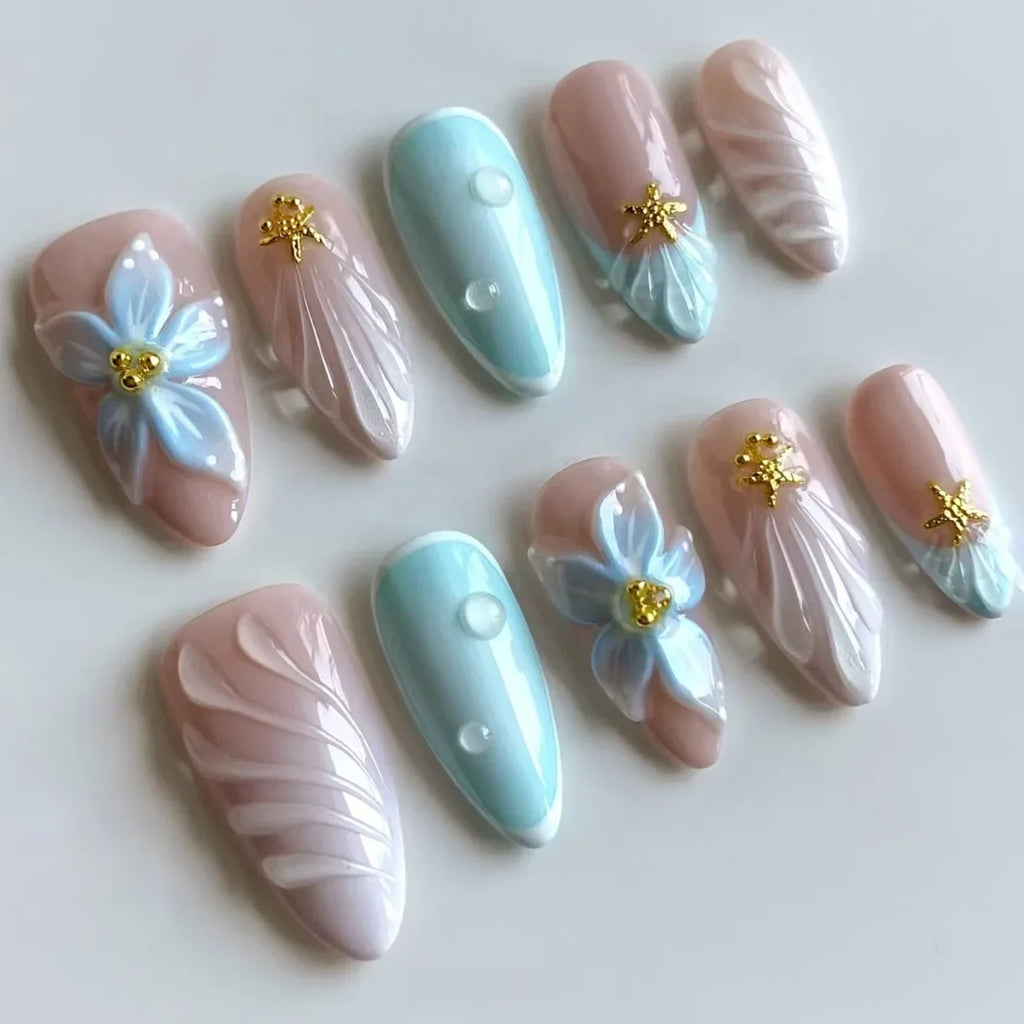 24Pcs Pink Jelly Long Stiletto 3D Flower Pearl Glazed Glass Press On Nails Sweet Style DIY Manicure