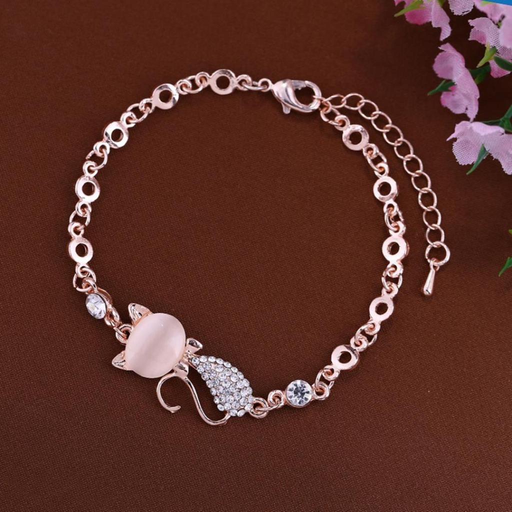 iMucci Lovely Cat Pendant Bangle Women Ladies Elegant Crystal Opals Rhinestone Bangle Bracelet Chain Jewelry Accessories