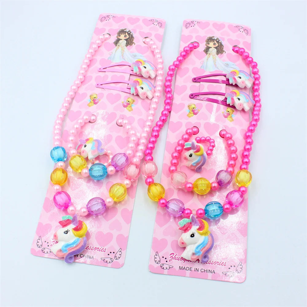 1 Set Handcrafted Unicorn Kids Beaded Jewelry set Cute Animal Necklace Bracelet Ring and Hair Clips Set for Little Princess Gift