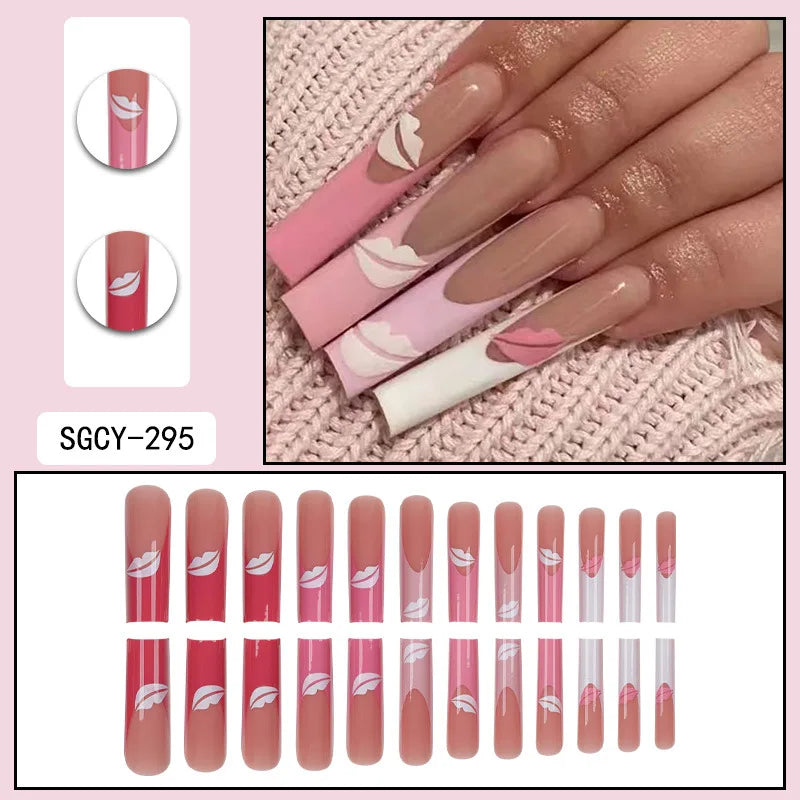 24 Pieces of Ultra Long Coffin Shaped press on nails French&gradient&flower Pattern 3D Butterfly Dot Diamond Glossy Fake Nails