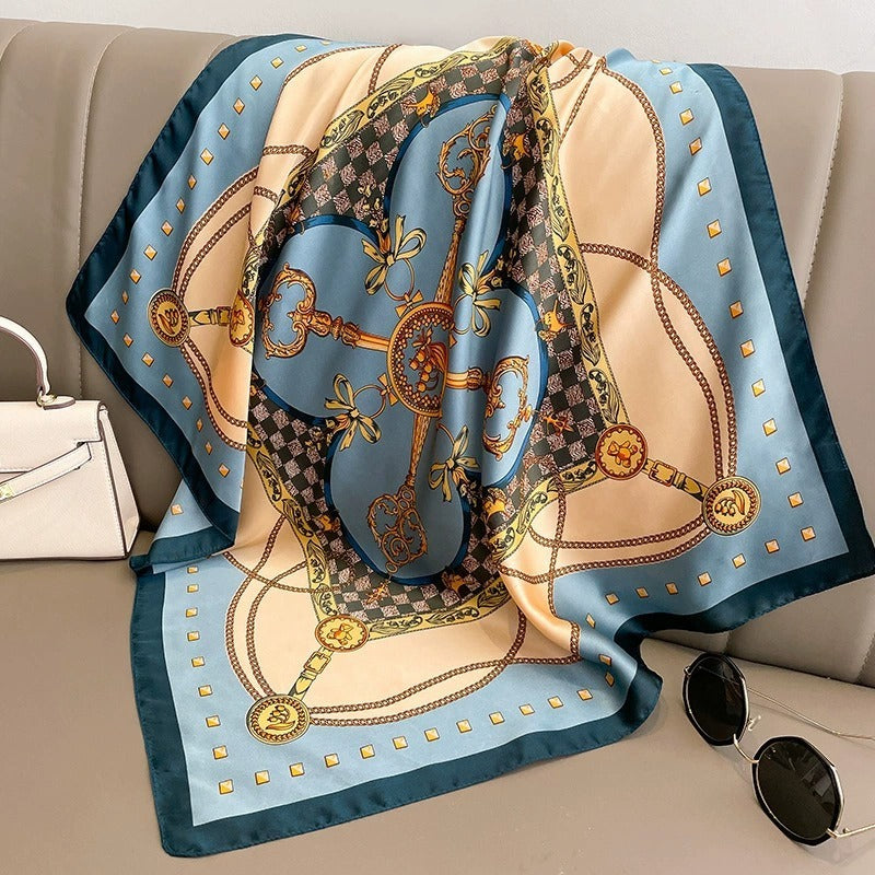 Pañuelo cuadrado pequeño, estampado de cadena, pañuelo de seda versátil, pañuelo de temperamento moderno para mujer, pañuelo para el cuello