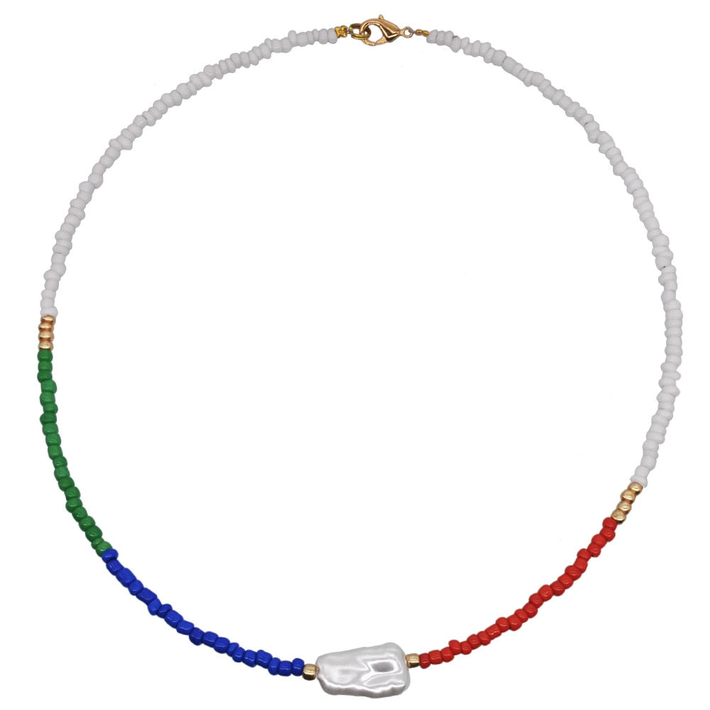 HangZhi New Bohemian Colorful Beads Weaving Handmade Baroque Simulated Pearl Necklace Clavicle Chain Choker Jewelry