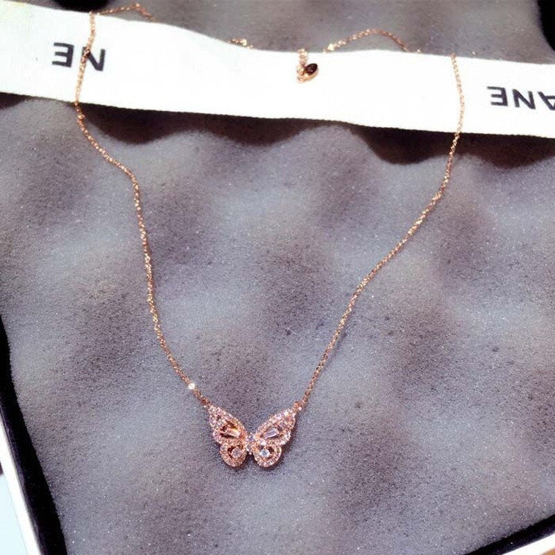 Cute Rose Gold Silver Color Butterfly Pendant Long Chain Necklace Choker for Women Fashion Jewelry New