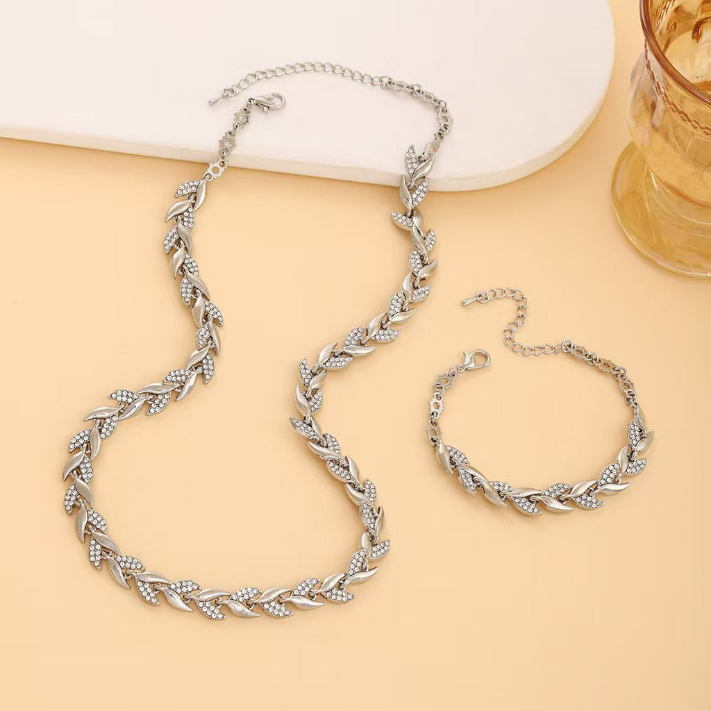 Fashionable European &amp; American Style Luxury Leaf-Shaped Rhinestone Bracelet and Necklace Set, Sparkling Mermaid Full Rhinestone Party Jewelry for Women