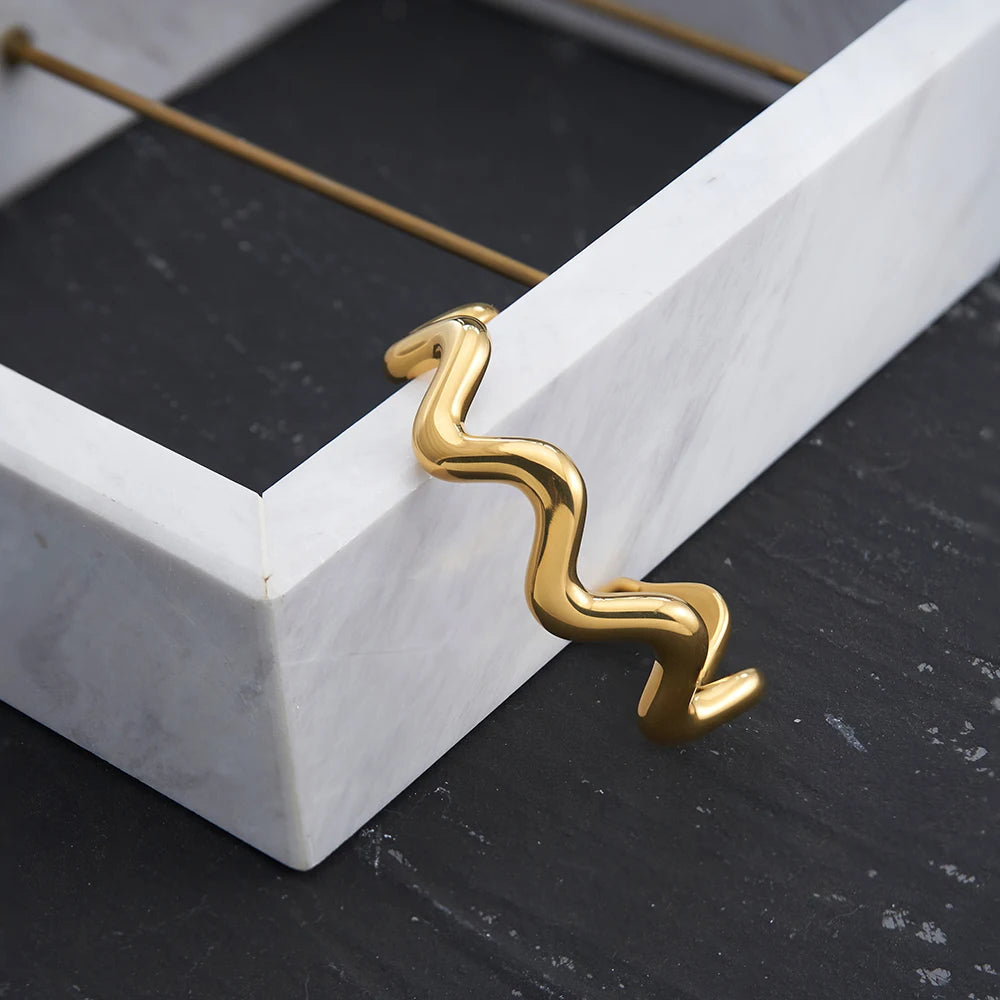 Geometry Line Wave Open Bangle For Women  Gold Color Plated Fashion Cute Elegant Jewelry Birthday