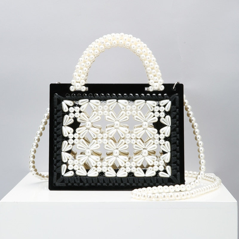 Luxury Acrylic Pearl Evening Clutch Bags Women Handmade Beaded Clear Purses And Handbags Ladies Woven Shoulder Bag Wedding Party