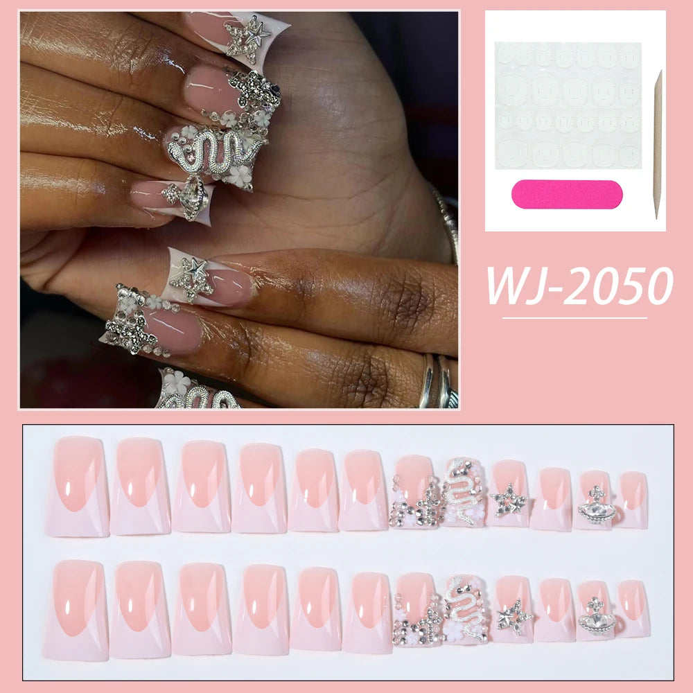 24pcs Long Ducknail Black French Tip Press On Nails 3D Alloy Cross, Snake-Shaped Decoration With Rhinestone Design Fit Perfectly