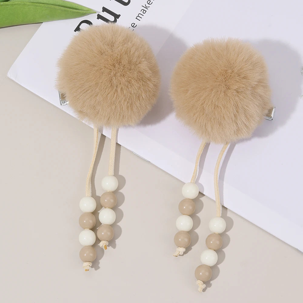 2Pcs Pom-Pom Hairpins Cute Fluffy Ball Hair Clips With Butterfly Beads Dangle Barrette For Girls Children Headwear Accesories
