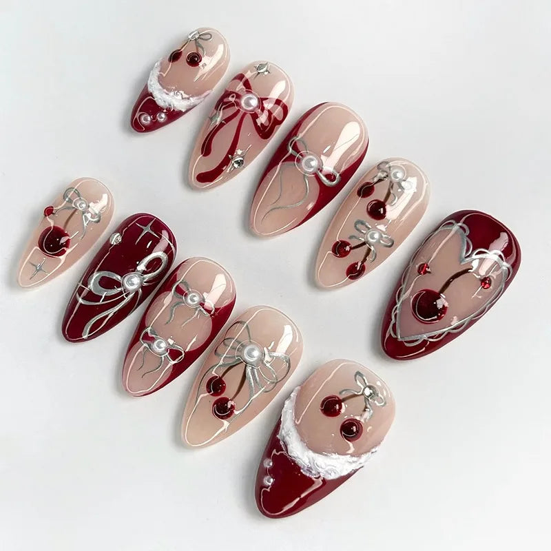 24pcs Sweet & Edgy Metallic Fake Nails 3D Silver-Plated Heart Gradient Press on Nail Almond Full Coverage Nail for Women&Girl