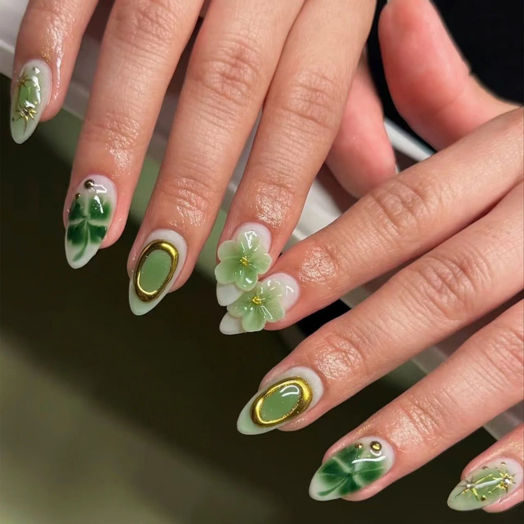 24PCS Pink Almond Press on Nails Full Cover Carved Flower 3D Ripples French Fake Nails for Women with Golden Pearl Wearable Nail