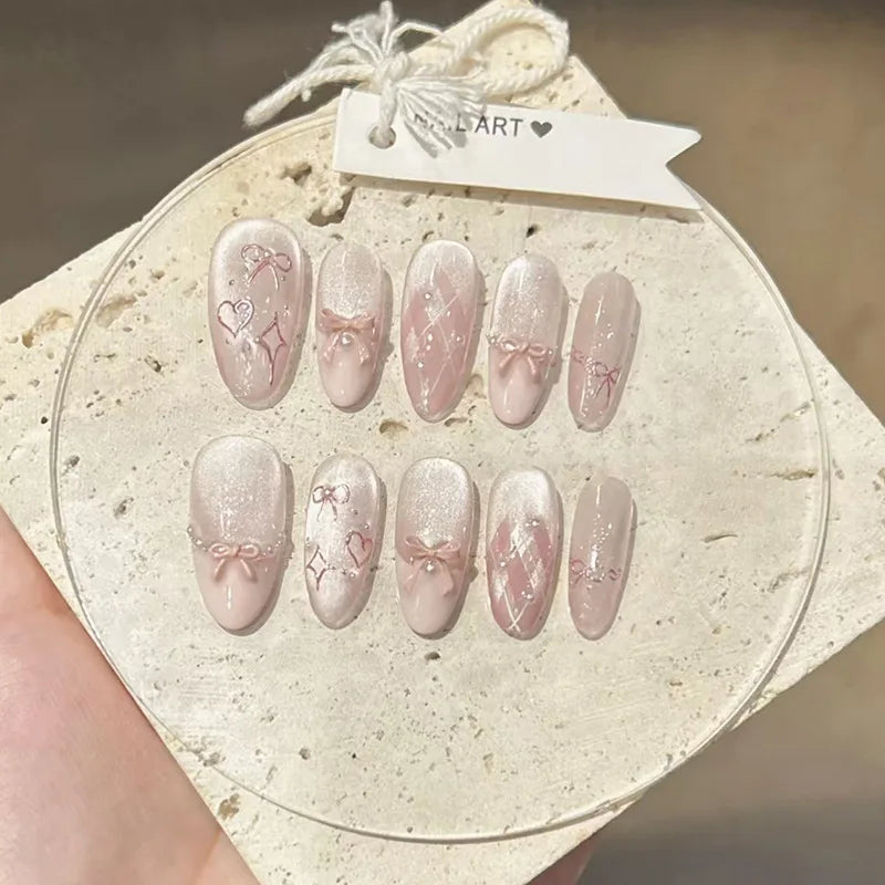 White French Press on Nails 3D Bowknot Fake Nails Tips Full Cover Wearable False Nails for Women and Girls DIY Manicure 24Pcs