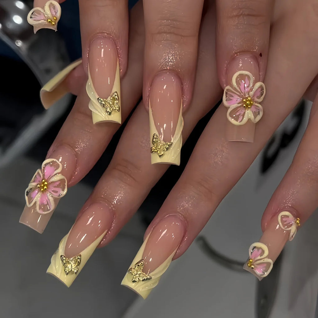 24Pcs Long Square Press on Nails Leopard Print French 3D Cherry Design False Nail Rhinestone Wearable Full Cover Fake Nails Tips
