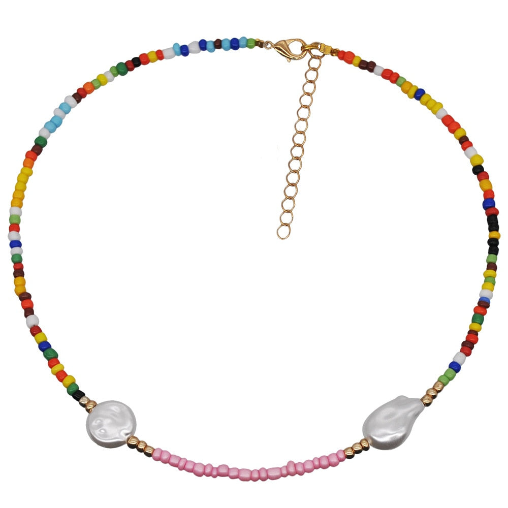 HangZhi New Bohemian Colorful Beads Weaving Handmade Baroque Simulated Pearl Necklace Clavicle Chain Choker Jewelry