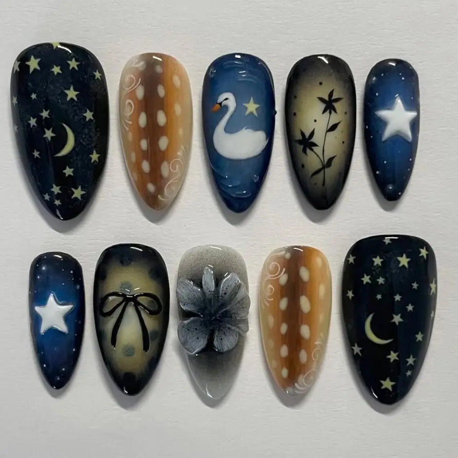 24pcs Star Moon Style Fake Nails White Swan Bowknots Flower Pattern Printed Press On Nails Gradient Black Almond Y2k False Nail