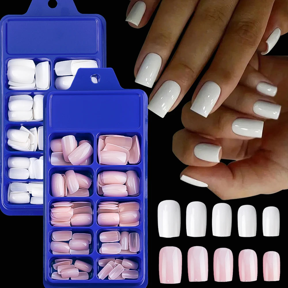 100Pcs Light Pink Press on Nails Short Medium Square Wearable Fake Nails Tips 10 Sizes Full Cover False Nails Finger Decoration