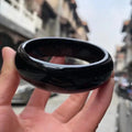 Women Real Jades Bangles Natural Black Chalcedony Certified Jades Stone Fine Jewelry Wide Bangle Bracelets Girlfriend Mom Gifts