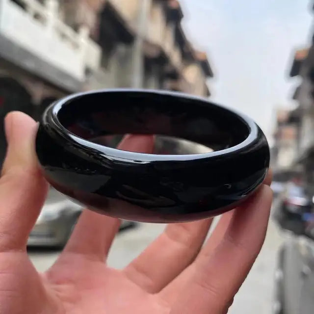 Women Real Jades Bangles Natural Black Chalcedony Certified Jades Stone Fine Jewelry Wide Bangle Bracelets Girlfriend Mom Gifts