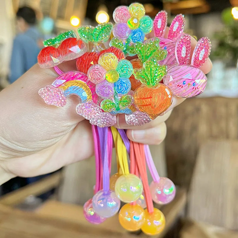 2 Pcs Cute Cartoon Scrunchies Girls Children Elastic Hair Rubber Band Accessories Tie Hair Bead Rope Headdress Headwear Ornament