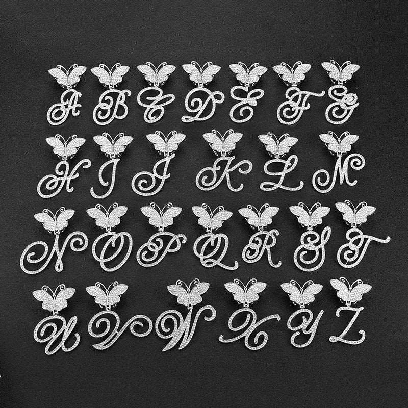 18inch  Cuban Chain Butterfly Letter Full Diamond Pendant Cuban Chain Personalized Exaggerated Thick Chain Hiphop Jewelry
