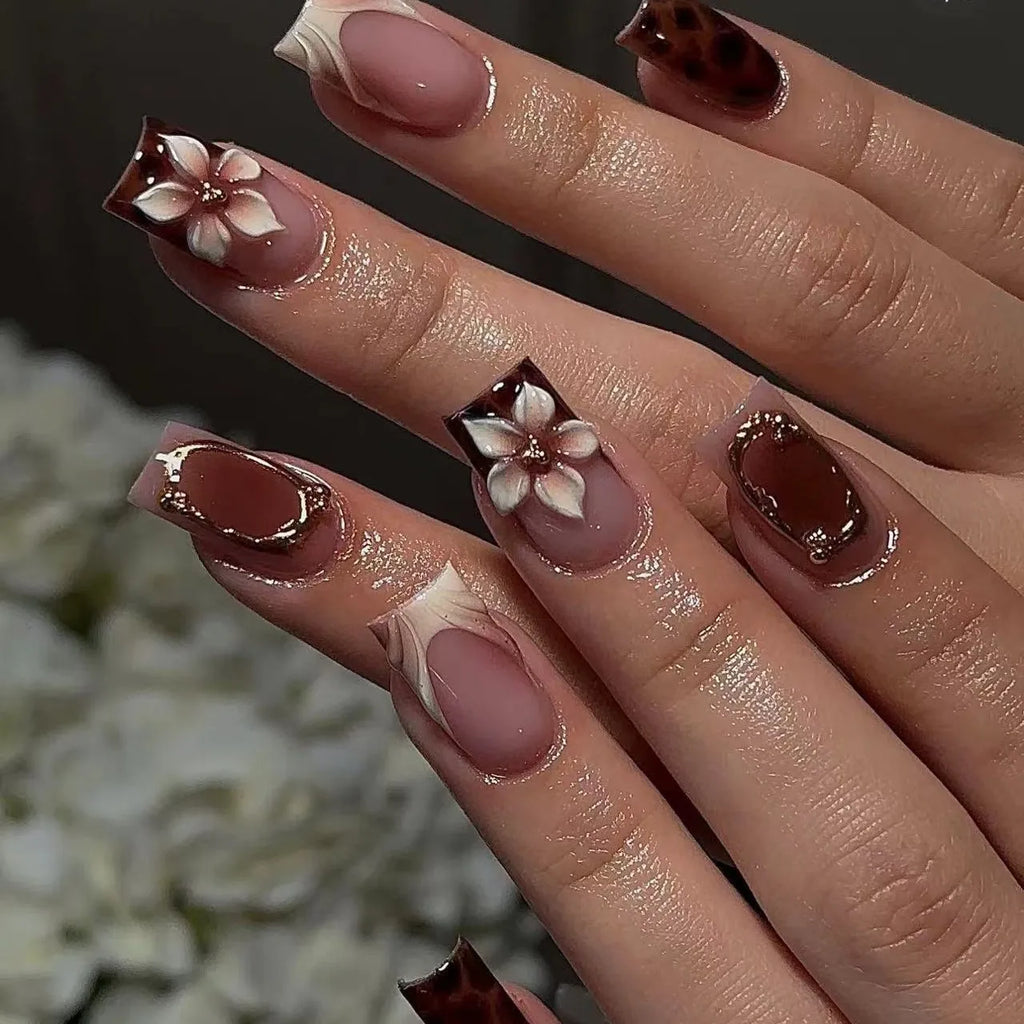 24Pcs Sweet Medium Square False Nails with Glue Blush Pink Flowers Fake Nails Full Cover French Acrylic Press on Nails for Girls