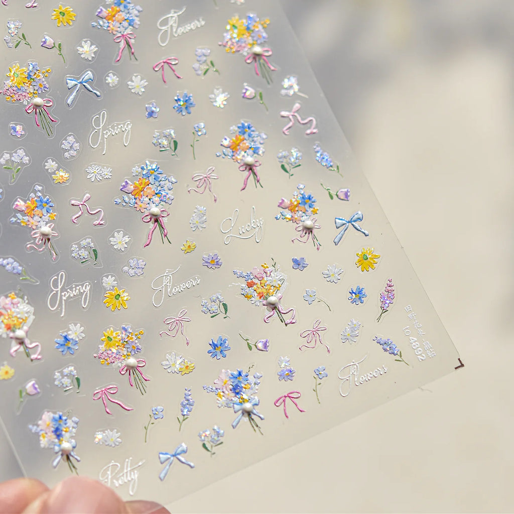 1Sheet 5D Soft Embossed Relief Nail Stickers Cute Daisies Self Adhesive Slider Stickers Press On Nails DIY Japanese Nail Art Dec