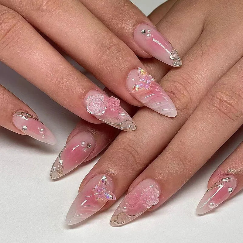 24PCS Pink Almond Press on Nails Full Cover Carved Flower 3D Ripples French Fake Nails for Women with Golden Pearl Wearable Nail