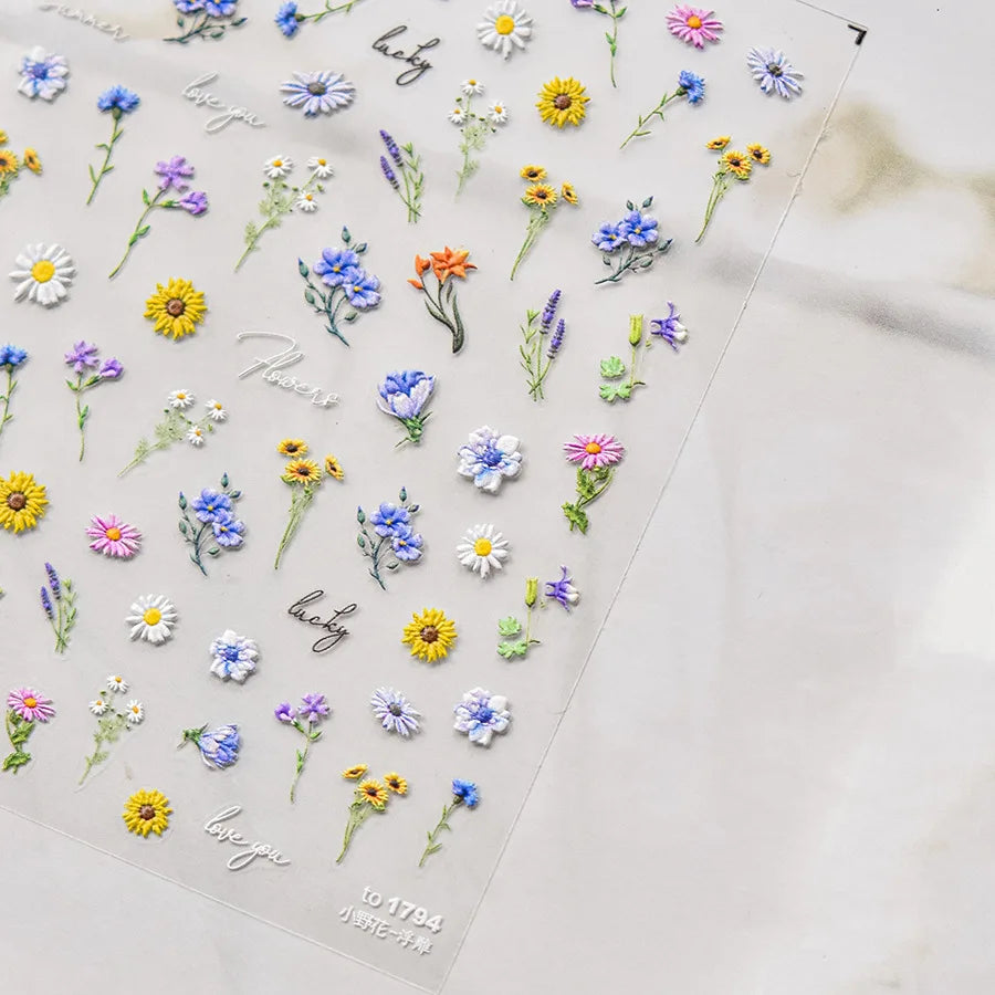 1Sheet 5D Soft Embossed Relief Nail Stickers Cute Daisies Self Adhesive Slider Stickers Press On Nails DIY Japanese Nail Art Dec