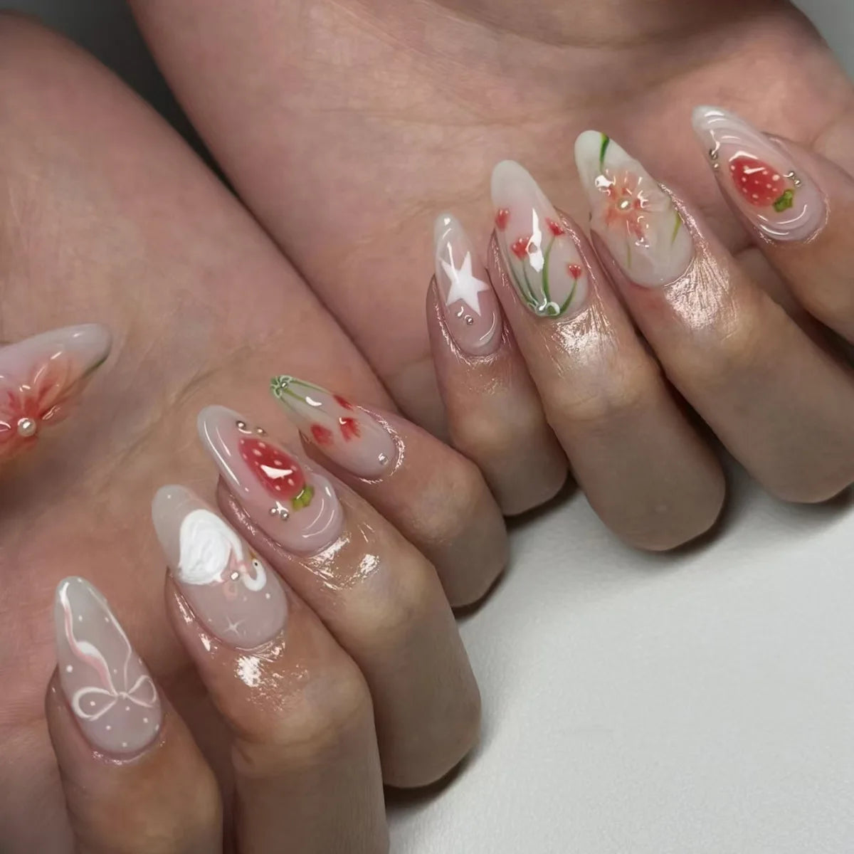 24pcs Star Moon Style Fake Nails White Swan Bowknots Flower Pattern Printed Press On Nails Gradient Black Almond Y2k False Nail