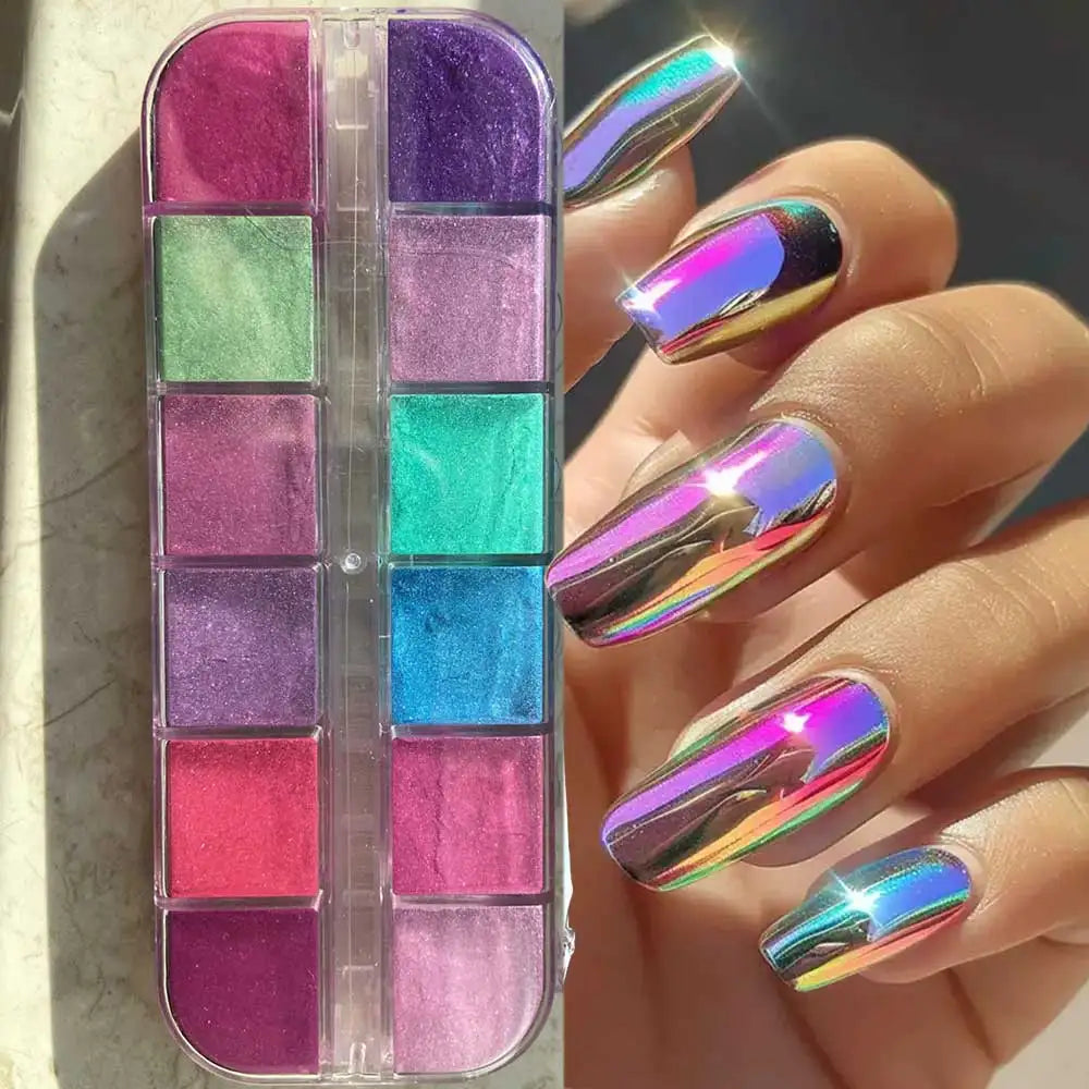 12 rejillas efecto espejo polvo de uñas de sirena holográfico perla cromo pigmento brillo fino polvo de inmersión suministros de artesanía de uñas