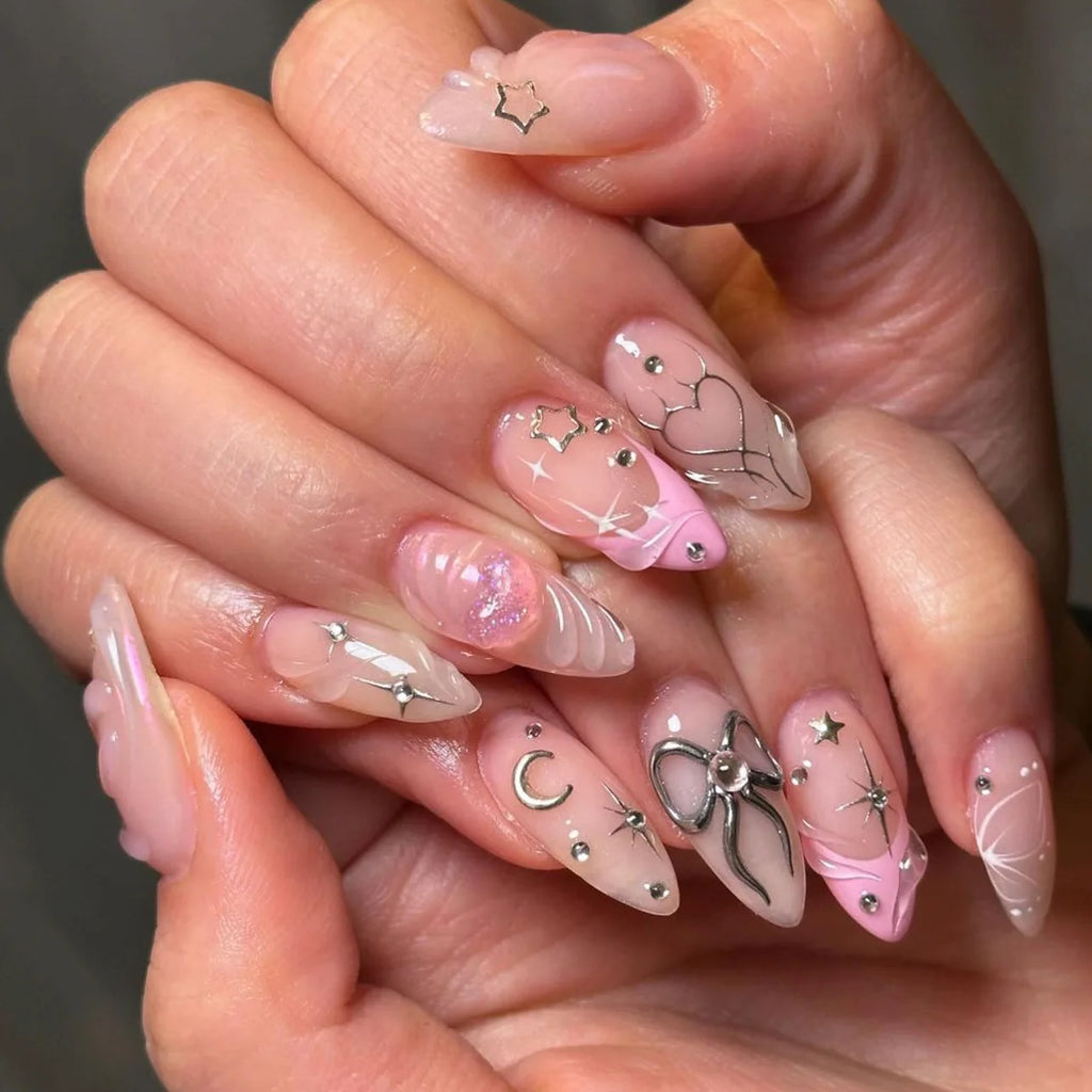 24pcs Sweet & Edgy Metallic Fake Nails 3D Silver-Plated Heart Gradient Press on Nail Almond Full Coverage Nail for Women&Girl