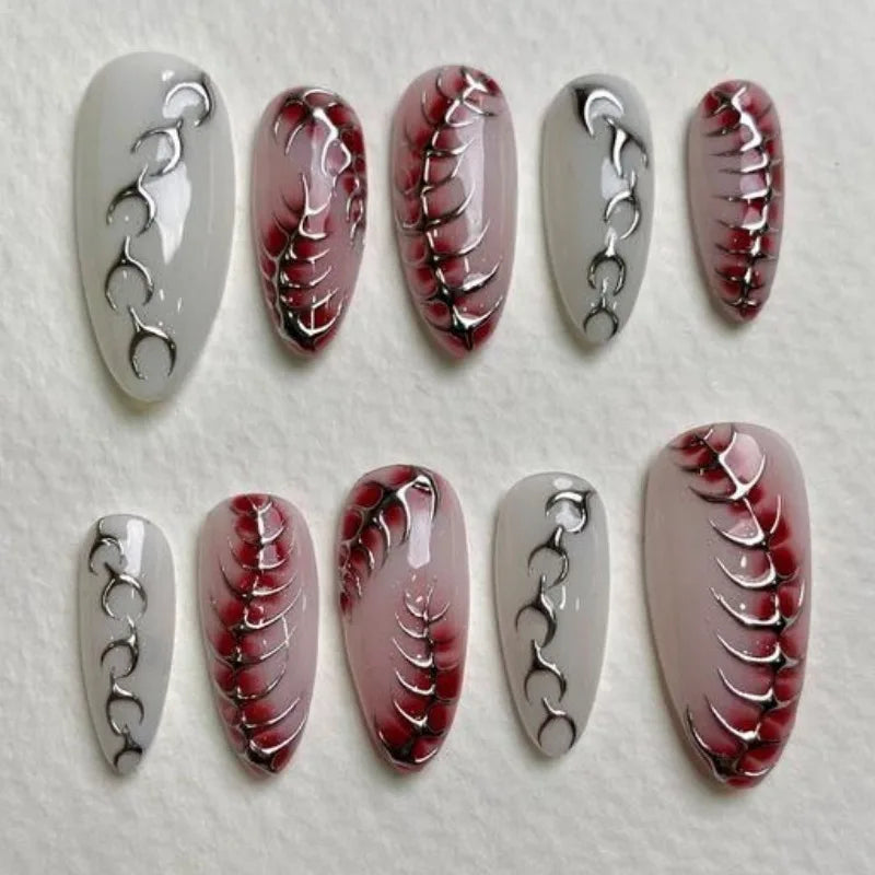 24pcs Sweet & Edgy Metallic Fake Nails 3D Silver-Plated Heart Gradient Press on Nail Almond Full Coverage Nail for Women&Girl