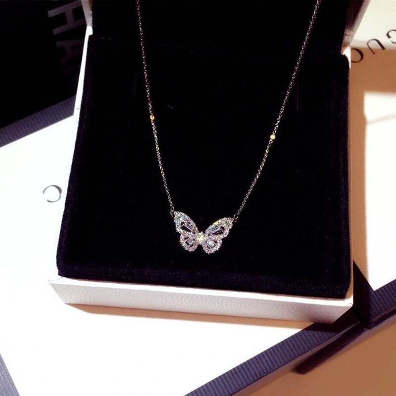Cute Rose Gold Silver Color Butterfly Pendant Long Chain Necklace Choker for Women Fashion Jewelry New