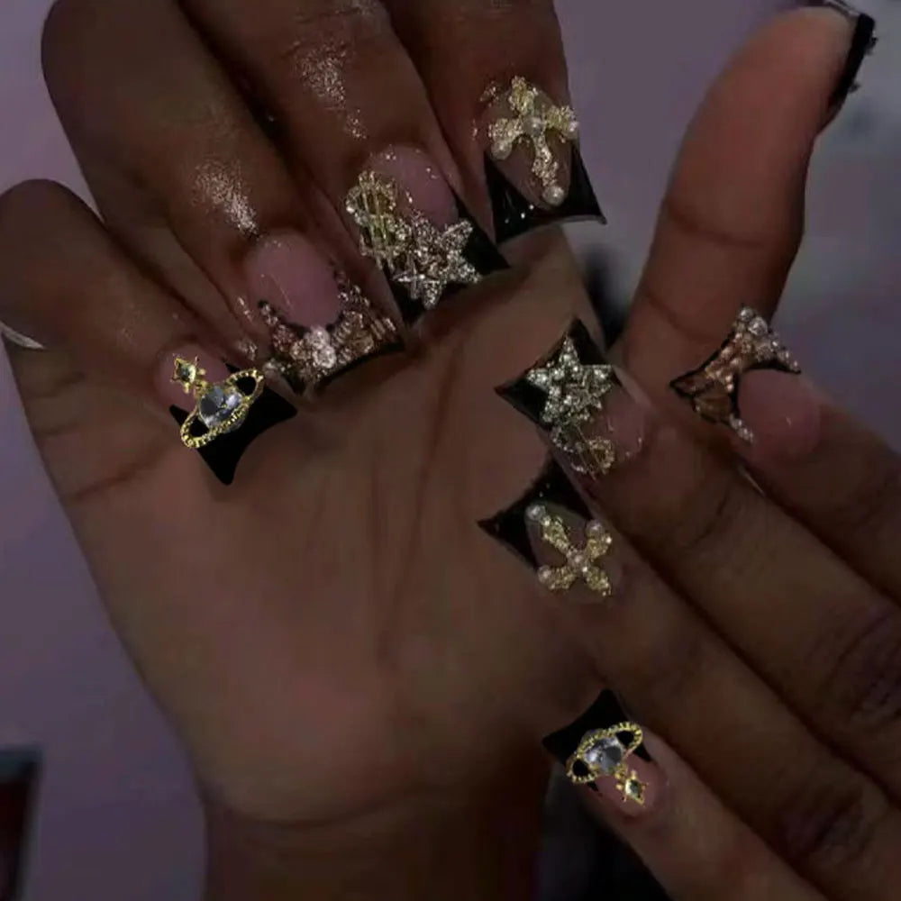 24pcs Long Ducknail Black French Tip Press On Nails 3D Alloy Cross, Snake-Shaped Decoration With Rhinestone Design Fit Perfectly