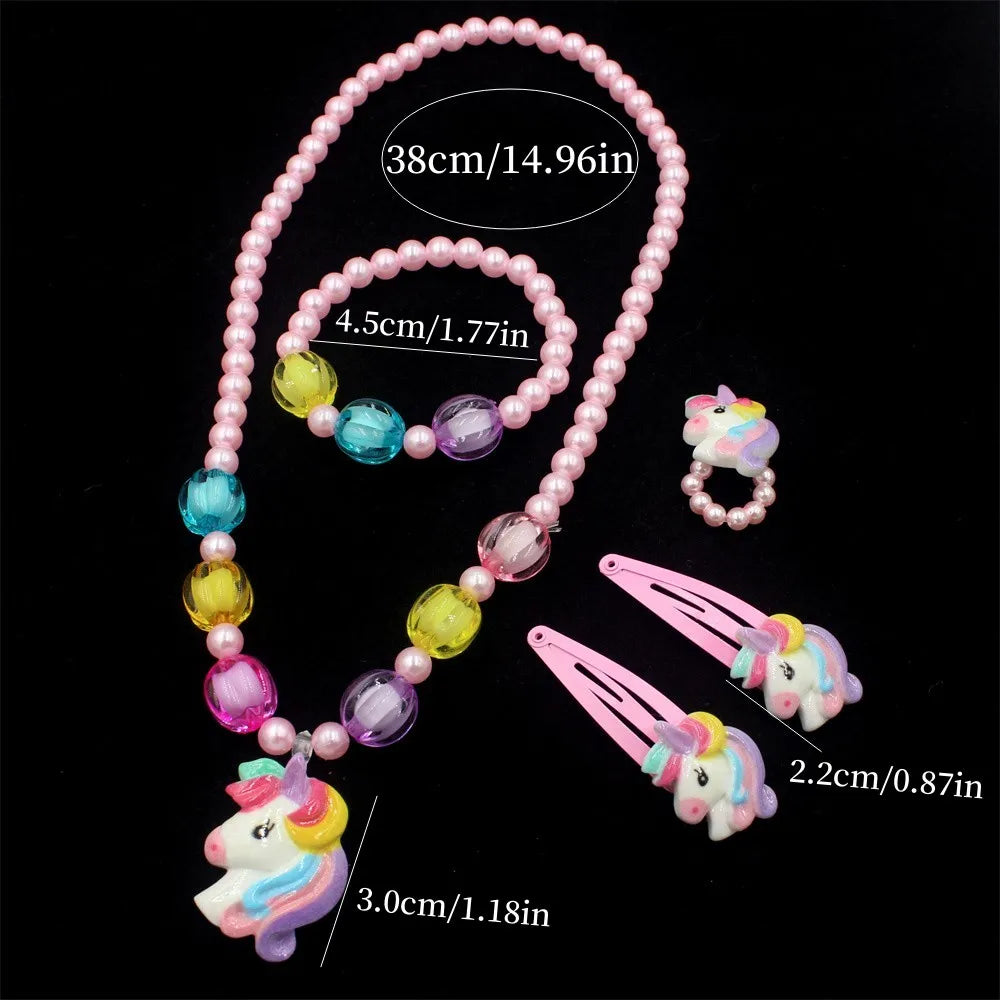 1 Set Handcrafted Unicorn Kids Beaded Jewelry set Cute Animal Necklace Bracelet Ring and Hair Clips Set for Little Princess Gift
