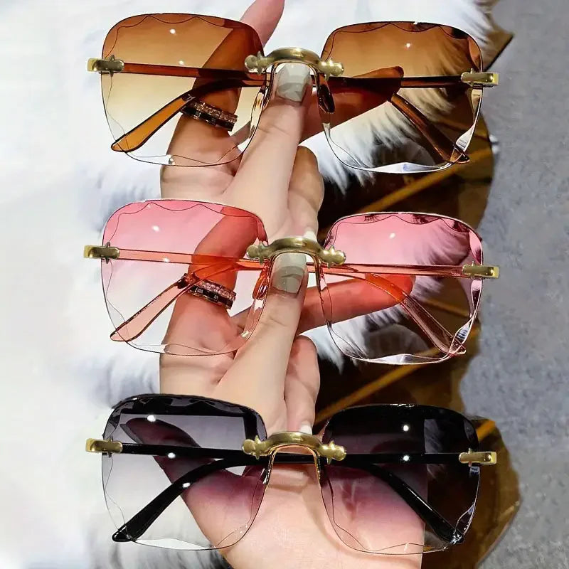 3PCS Square Rimless Sunglasses Women Luxury Brand Designer Summer Red Glasses Fashion Sun glasses For Men UV400 Shades Oculos