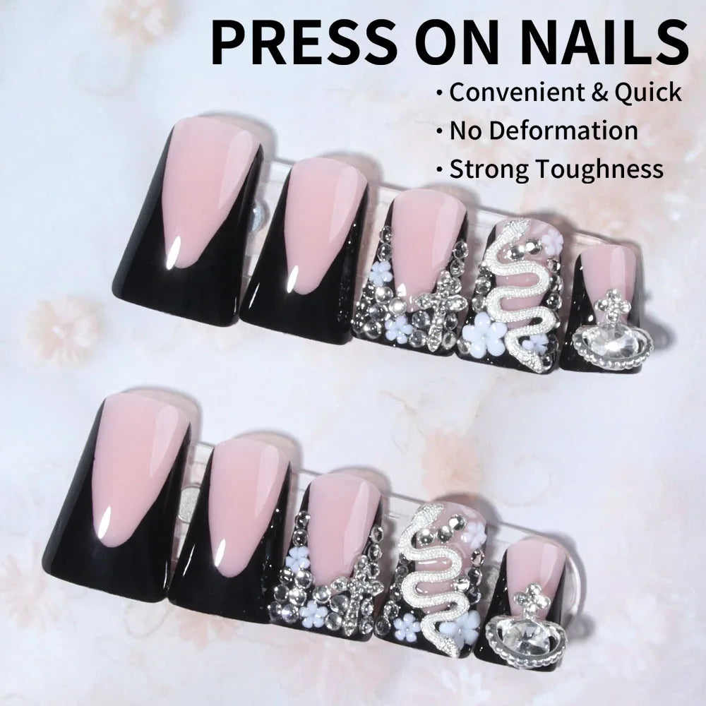 24pcs Long Ducknail Black French Tip Press On Nails 3D Alloy Cross, Snake-Shaped Decoration With Rhinestone Design Fit Perfectly