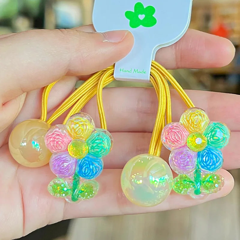 2 Pcs Cute Cartoon Scrunchies Girls Children Elastic Hair Rubber Band Accessories Tie Hair Bead Rope Headdress Headwear Ornament