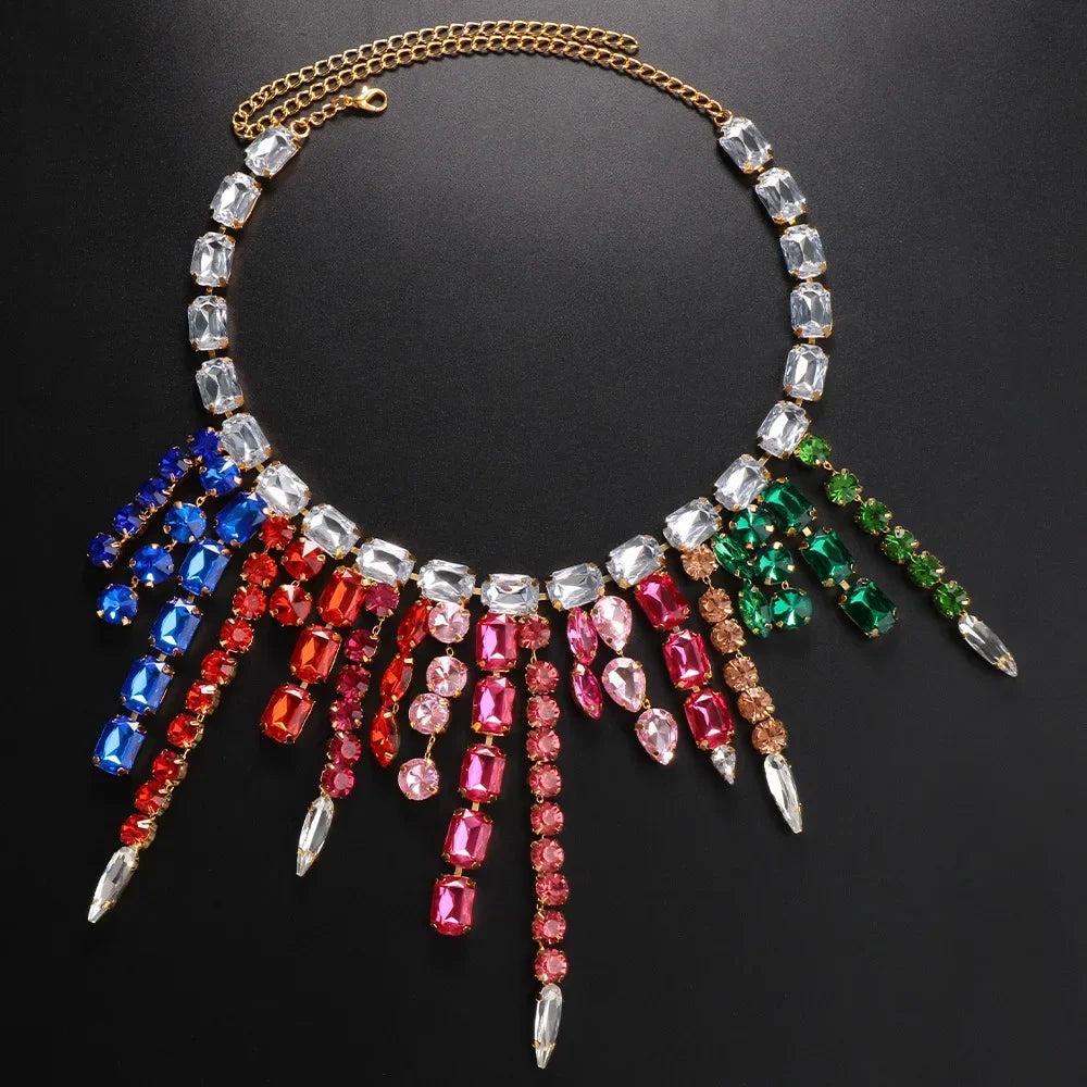 Exaggerate Colorful Large Crystal Necklace Aesthetic Jewelry for Women Square Rhinestone Tassel Choker Necklace Christmas Gifts