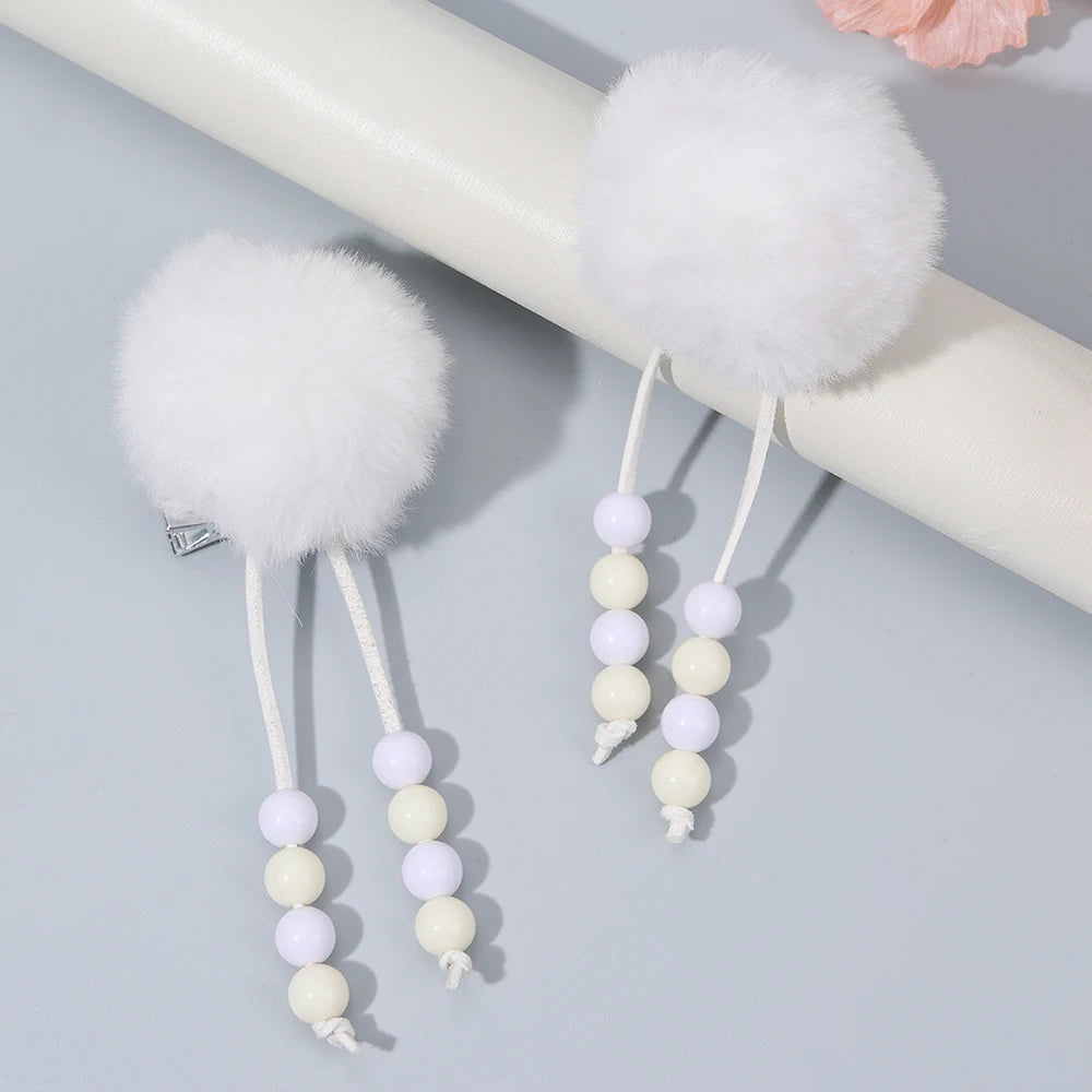 2Pcs Pom-Pom Hairpins Cute Fluffy Ball Hair Clips With Butterfly Beads Dangle Barrette For Girls Children Headwear Accesories