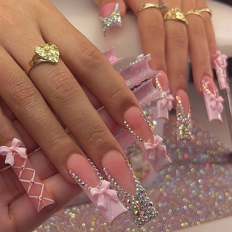 24Pcs Long Square Press on Nails Leopard Print French 3D Cherry Design False Nail Rhinestone Wearable Full Cover Fake Nails Tips