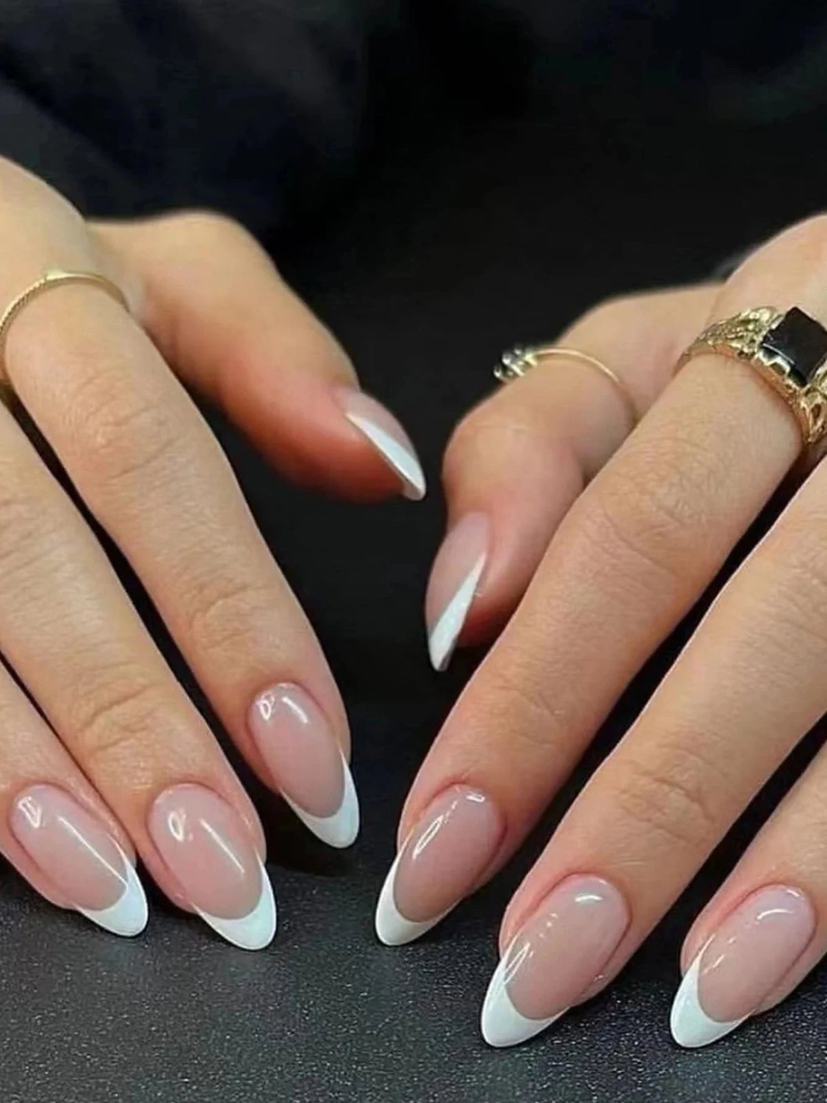 24pcs Long Almond Fake Nails White French Press on Nails Simple Full Cover Detachable Nail Tips