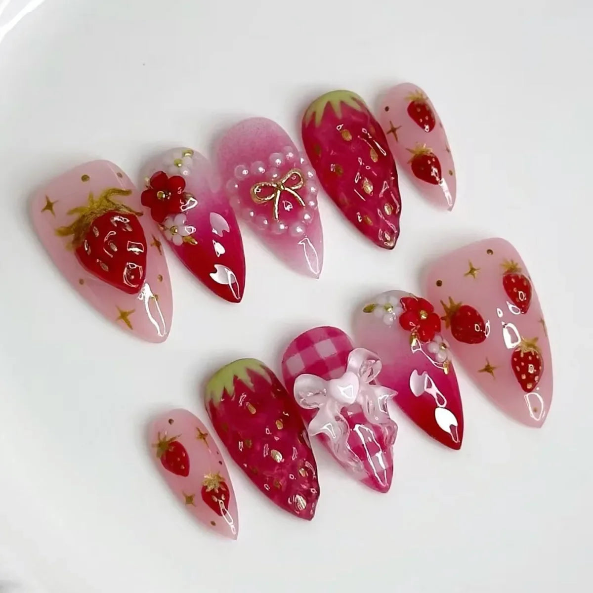24Pcs Pink Jelly Long Stiletto 3D Flower Pearl Glazed Glass Press On Nails Sweet Style DIY Manicure
