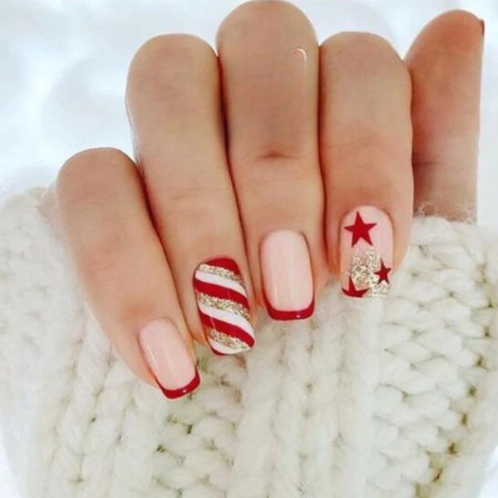 24Pcs Short Square Coffin False Nails Square Fake Nails with Glue French Glitter Wearable Acrylic Nails Set Press on Nail Tips