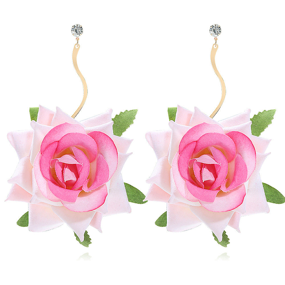 Exaggerated 3D Rose Drop Earrings Bridal Photo Shoot Ear Jewelry Wholesale