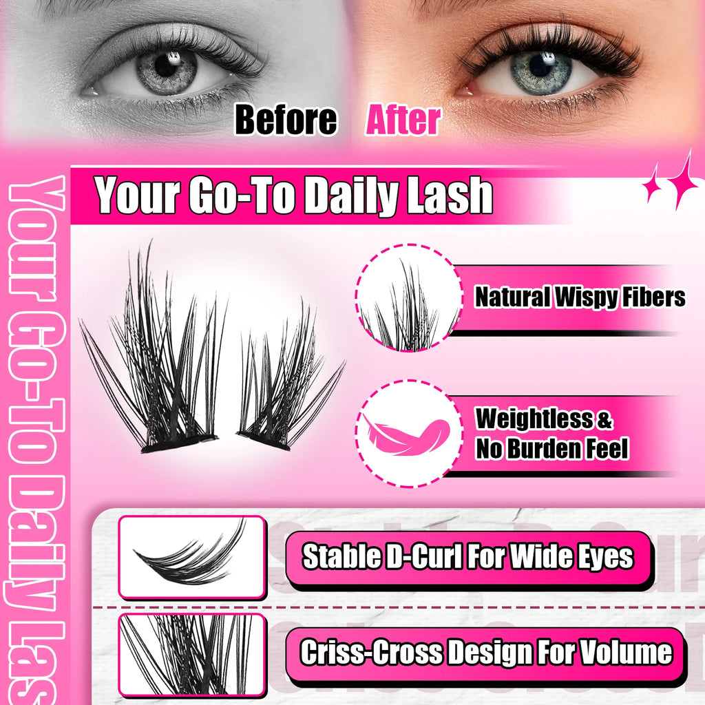 QUEENICE D-Curl - Natural Volume False Lashes - InLove Group Style - Large Capacity Eyelash Clusters for Beginners
