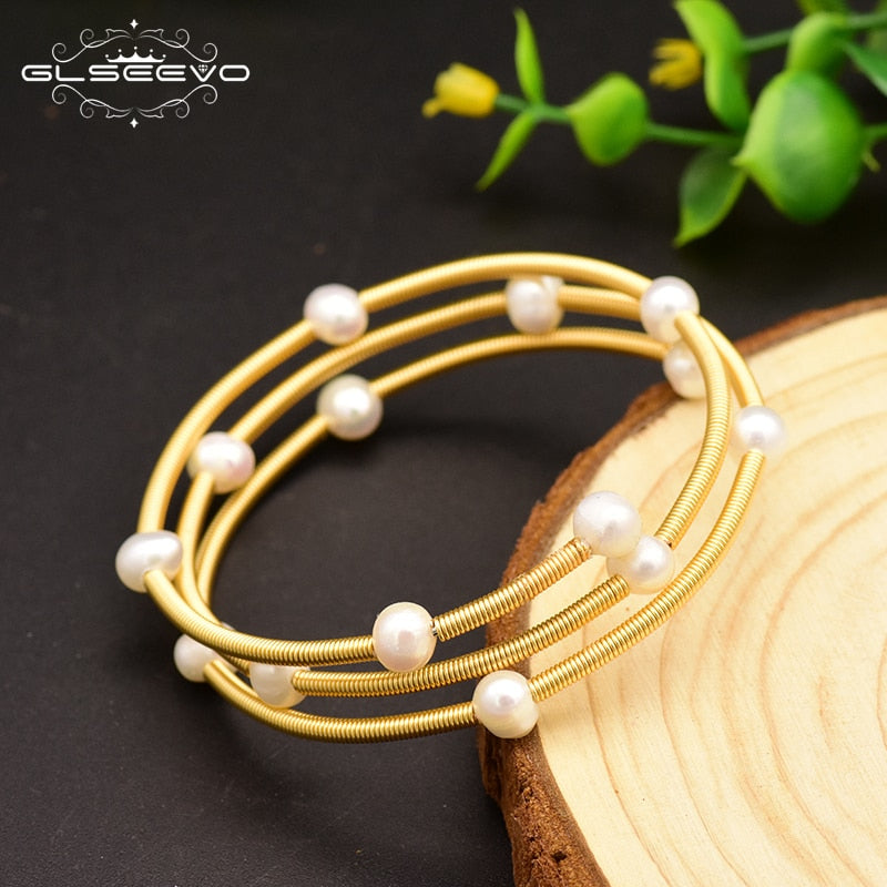 GLSEEVO Handmade Natural Fresh Water Pearl Multi-storey Adjustable Bangle For Women Wedding Party Jewelry Pulseras Mujer GB0119