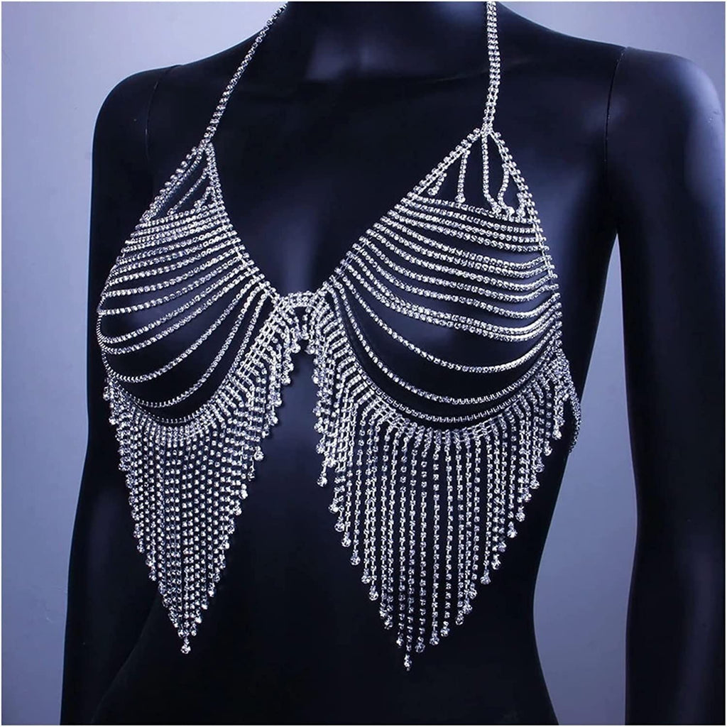 Rhinestone tassel bikini bra chain exaggerated full diamond suit body chain, beach shiny jewelry chain