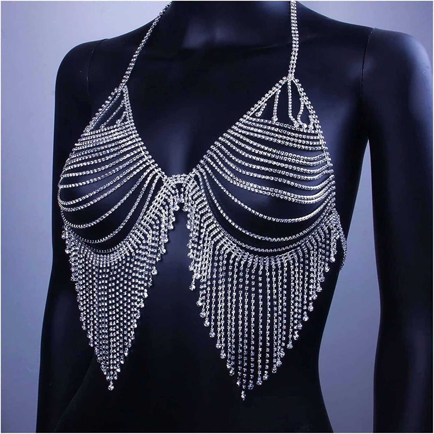Rhinestone tassel bikini bra chain exaggerated full diamond suit body chain, beach shiny jewelry chain